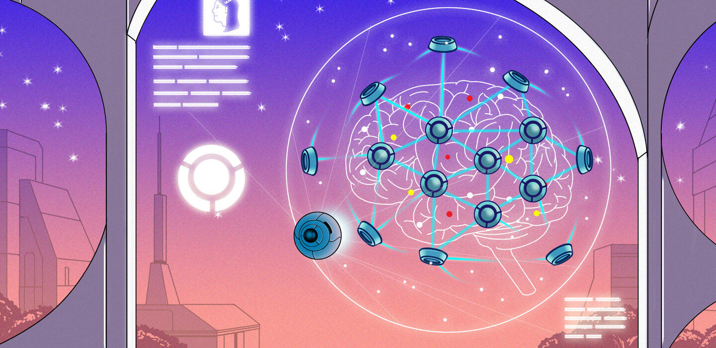 illustration of a science fiction nanobot brain mesh interface