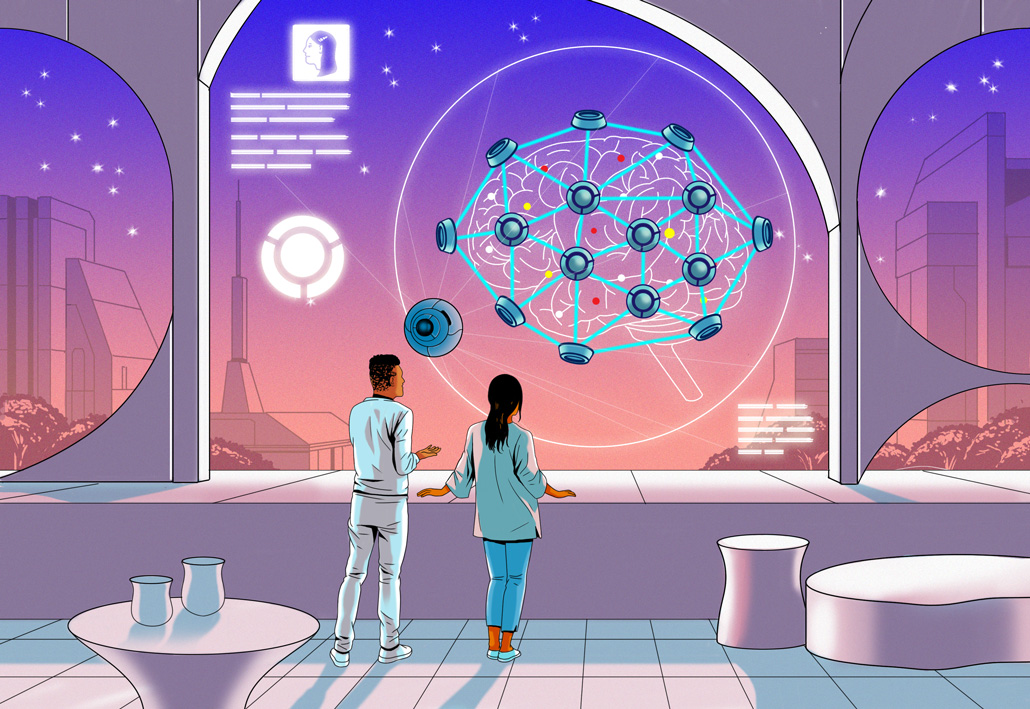 science fiction style illustration of two people looking at a brain mesh system
