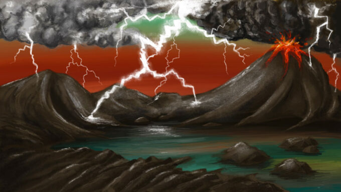 illustration of lightning striking early Earth