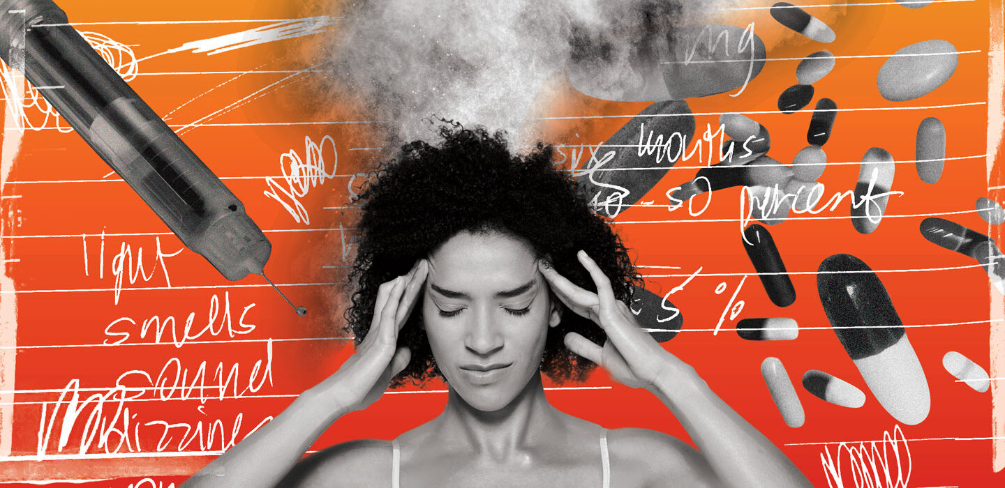 illustration of woman with headache with pills and a syringe in the background