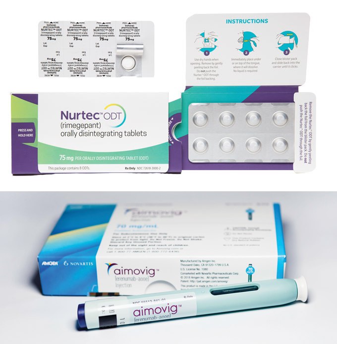 Nurtec tablet package and self-administered injection migraine treatment
