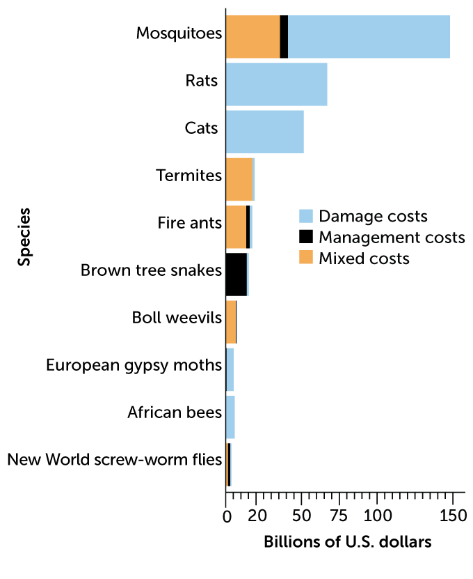 bar chart of 10 most costly invasive species, 1970–2017