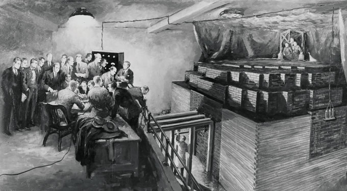 illustration of scientists observing the first nuclear chain reaction experiment