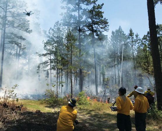 researchers piloting a drone above a prescribed burn