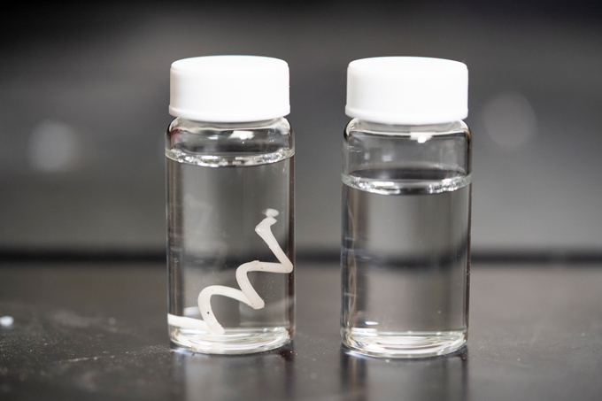 vials of tap water containing new plastic filament before and after degradation