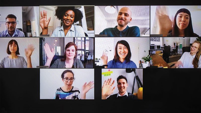 collage of people on a videocall waving