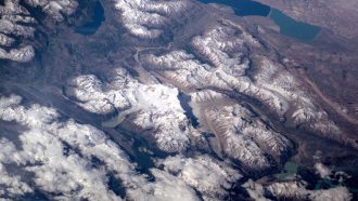 aerial image of melting glaciers in the Andes mountains