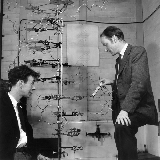 black and white photo of James Watson and Francis Crick