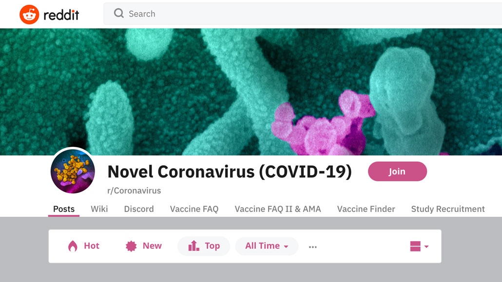 screenshot of Reddit's r/coronavirus subreddit