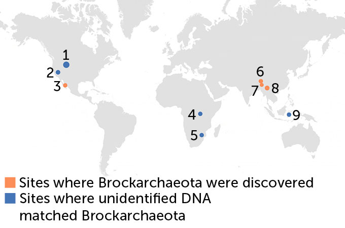 mapa mostrando onde Brockarchaeota foi encontrada