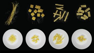 four different types of pasta curled in bowls and uncurled on a black surface