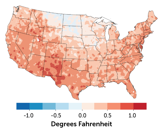 map showing U.S. mean temperature change from 1991–2020 compared with 1981–2010