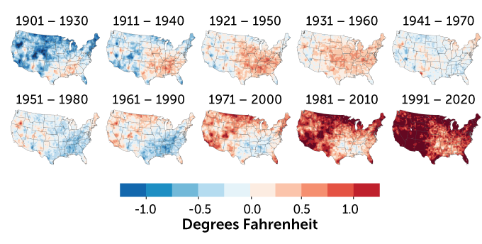 maps showing U.S. 30-year temperature averages compared with 20th-century average