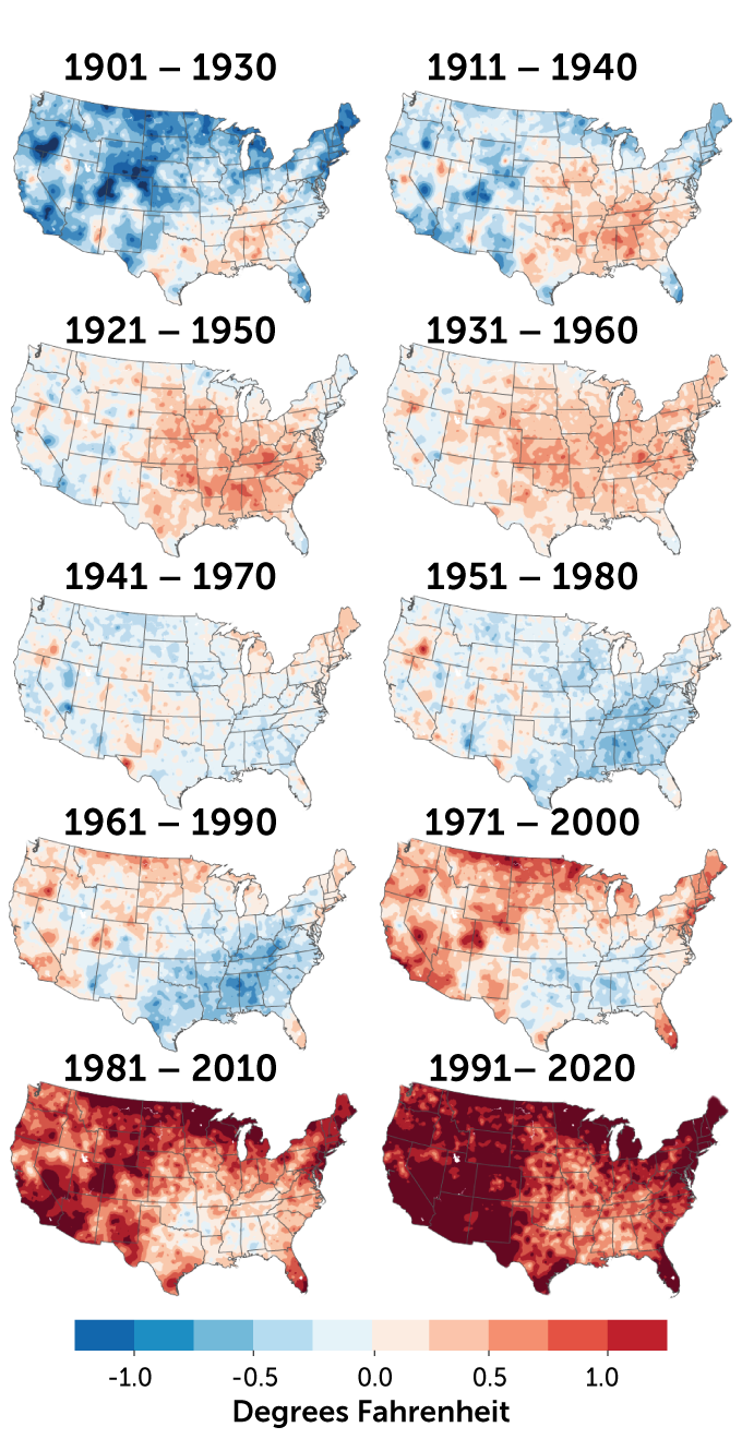 maps showing U.S. 30-year temperature averages compared with 20th-century average
