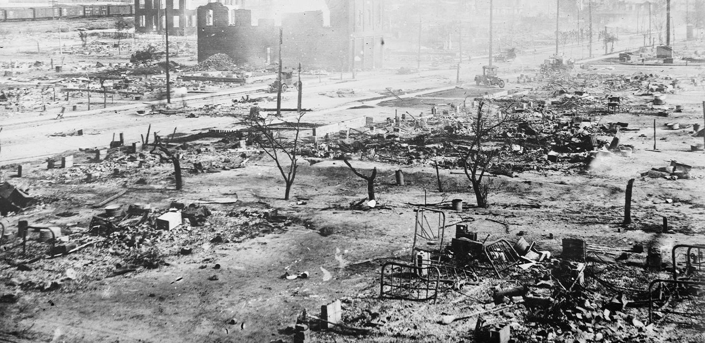 black and white image of dusty ruins in Greenwood after the massacre