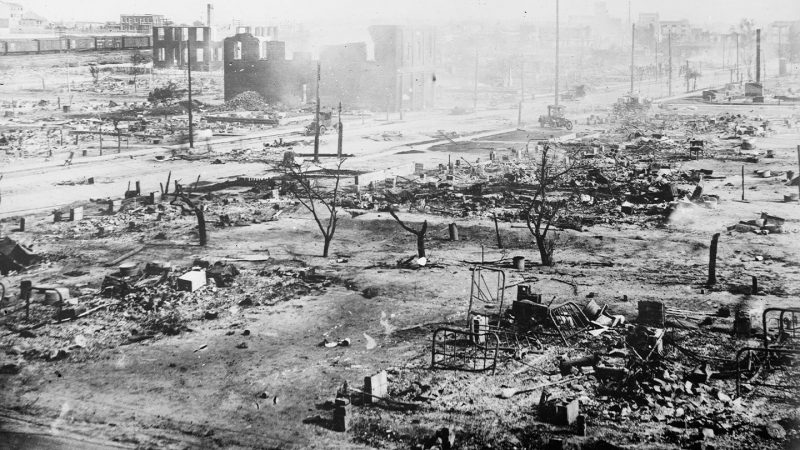black and white image of dusty ruins in Greenwood after the massacre