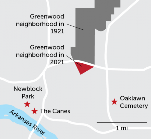 Map of Greenwood and possible mass grave sites in Tulsa