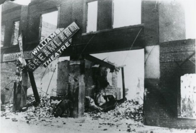 black and white image of the Dreamland theater in ruins after the massacre