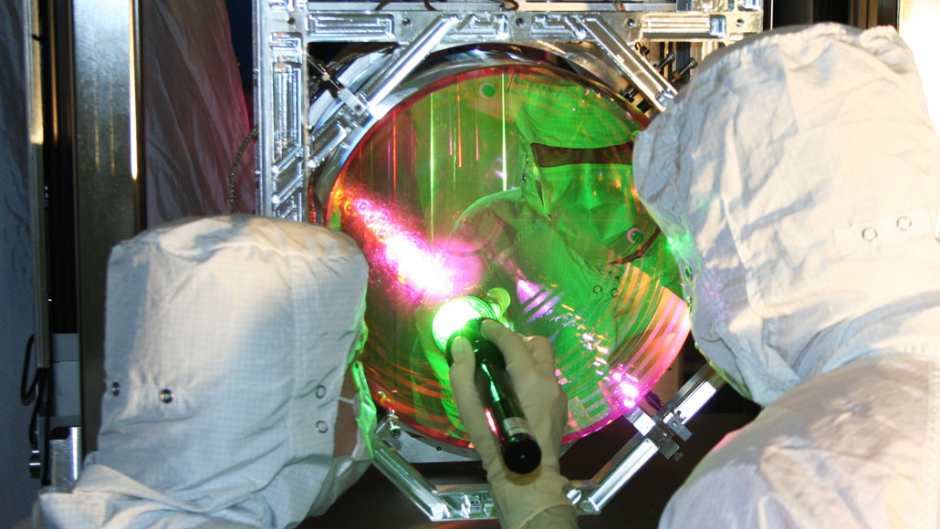 Scientists quieted the relative movements of the mirrors (one shown) of the Advanced Laser Interferometer Gravitational-Wave Observatory, putting them