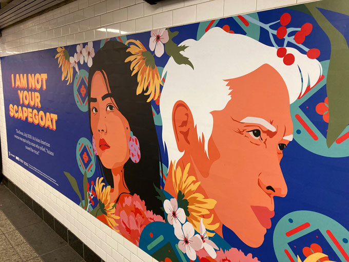 artistic subway poster with the faces of an Asian American man and woman