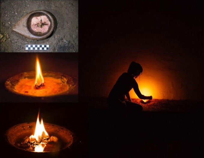 Right: researcher lighting stone lamp in dark cave. Left, from top down: three photos showing lamp at various stages of burning