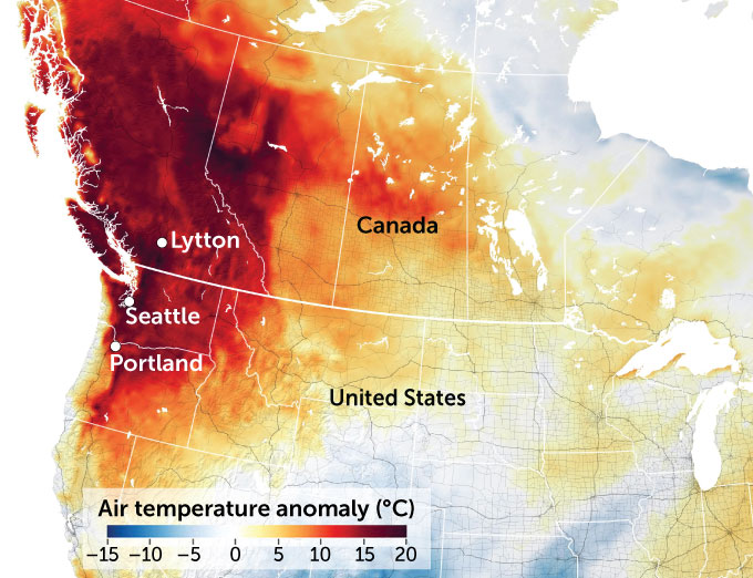 map of the United States showing temperature on June 29, 2021 compared with the 2014–2020 average for that day