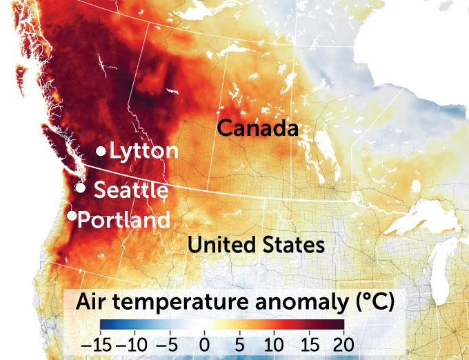 map of the United States showing temperature on June 29, 2021 compared with the 2014–2020 average for that day