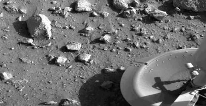 black and white image of the surface of Mars