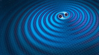 illustration of gravitational waves forming around two black holes spiraling around one another