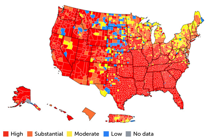 heat map of SARS-CoV-2 transmission rates in the United States