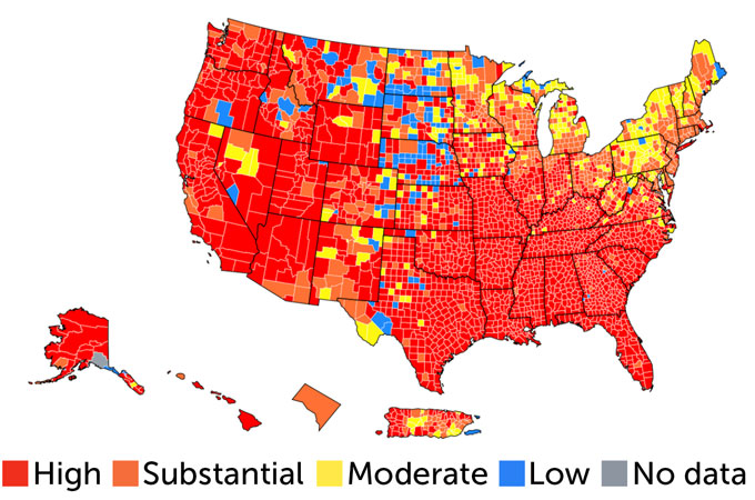 heat map of SARS-CoV-2 transmission rates in the United States