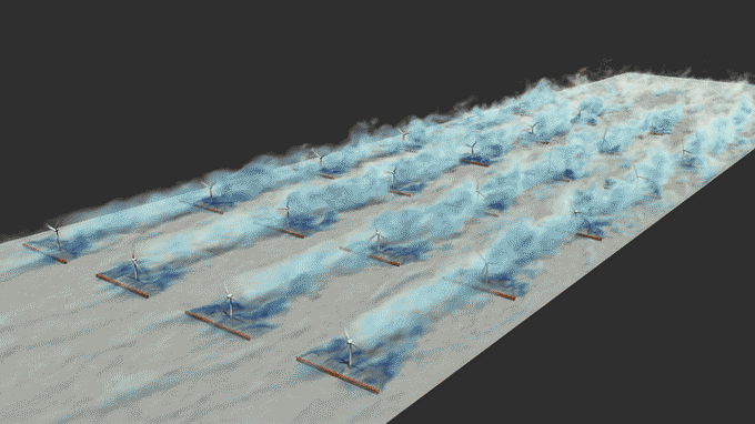 animation of wakes created by windbreaks in a wind farm simulation