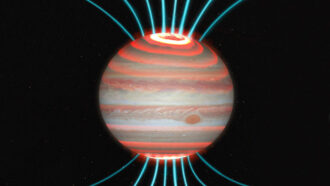 illustration of magnetic fields moving charged particles to Jupiter's poles where auroras form