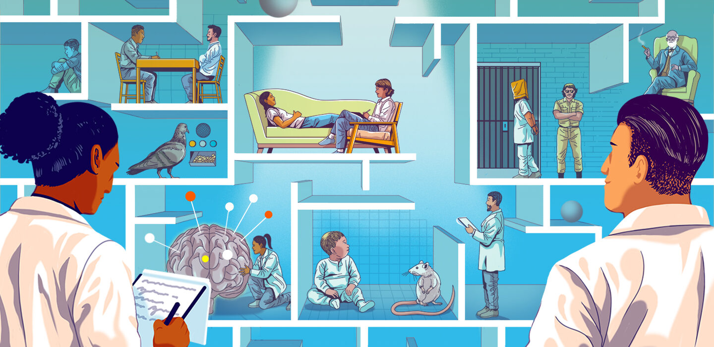 illustration of two scientists looking at boxes depicting famous psychology experiments