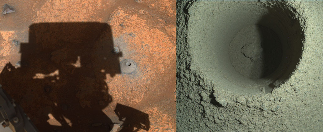 split image with a wide view and close view of a borehole in the Martian ground