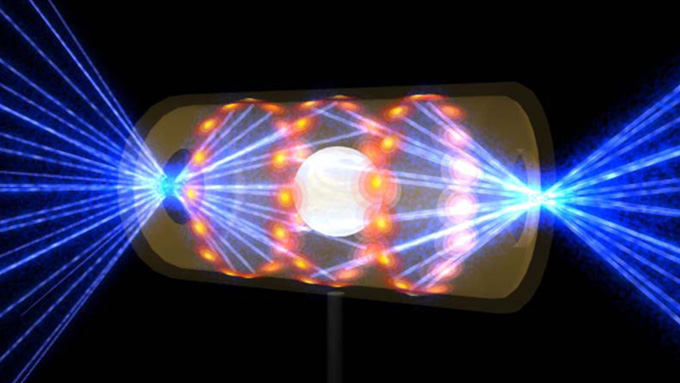 With a powerful laser blast, scientists near a nuclear fusion milestone illustration of blue lasers blasting a fuel capsule