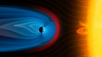 illustration of Earth and the sun, with Earth's magnetic field shown in blue, the solar wind shown in orange lines, and a bow shock as a red line where the two meet