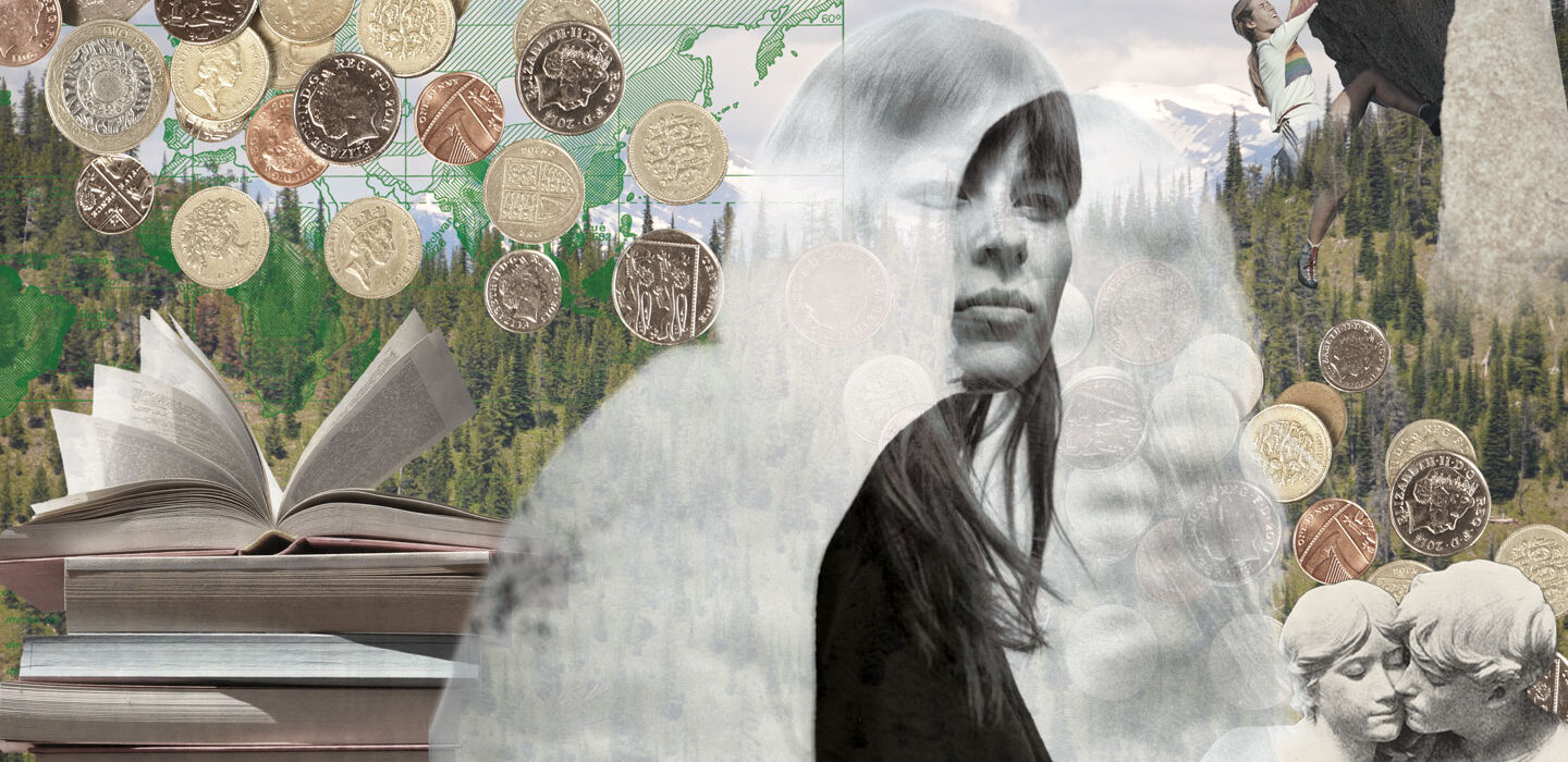 image collage of a woman looking pensively off into the distance surrounded by money, books, a rock climber, mountains and a statue couple