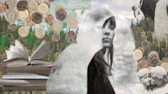 image collage of a woman looking pensively off into the distance surrounded by money, books, a rock climber, mountains and a statue couple