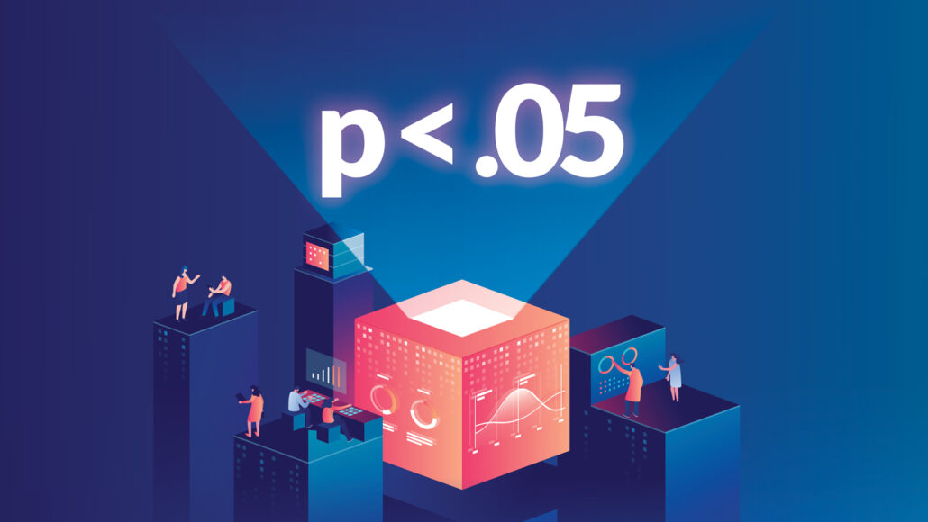 illustration of the letter p with a less than symbol and .05 above scientists doing various calculations