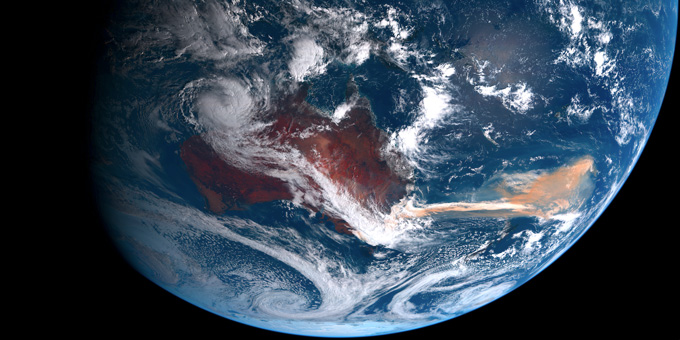 satellite image of Australia and the Southern Ocean with visible smoke