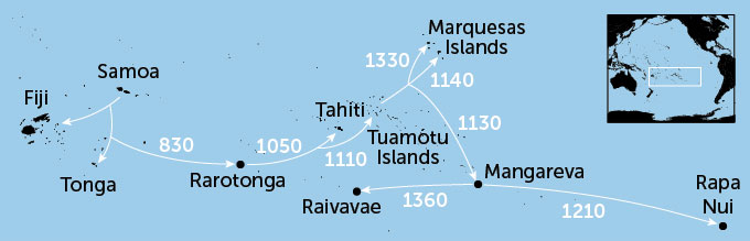 kaart die laat zien wanneer verschillende segmenten van Polynesische migratie over de Stille Oceaan plaatsvonden