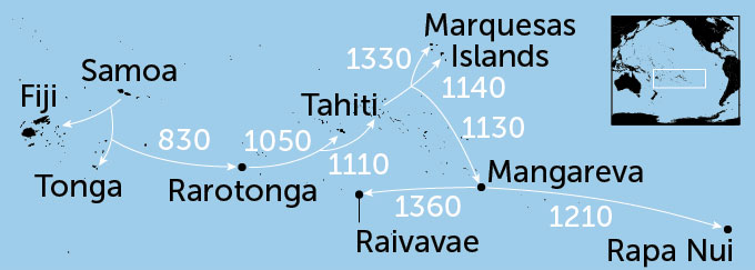 map showing when different segments of Polynesian migration across the Pacific ocean happened