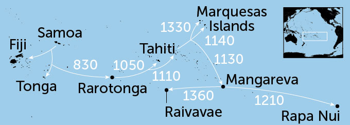 kaart die laat zien wanneer verschillende segmenten van Polynesische migratie over de Stille Oceaan plaatsvonden