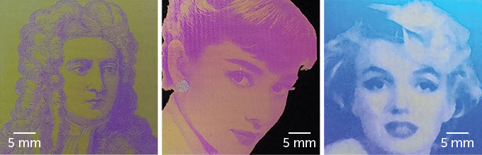 images of Isaac Newton, Audrey Hepburn and Marilyn Monroe created with transparent ink