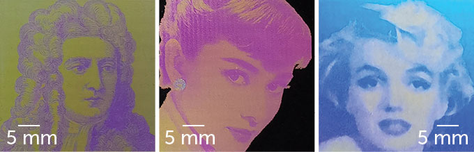 images of Isaac Newton, Audrey Hepburn and Marilyn Monroe created with transparent ink