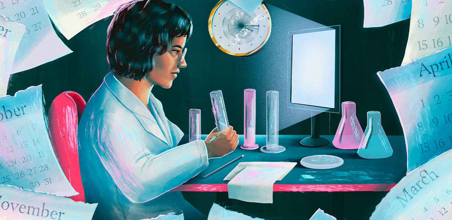 illustration of a female scientist working in a lab surrounded by calendar sheets with the names of different months