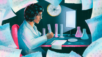 illustration of a female scientist working in a lab surrounded by calendar sheets with the names of different months