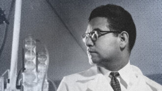 black and white image of Luis Miramontes in a lab coat