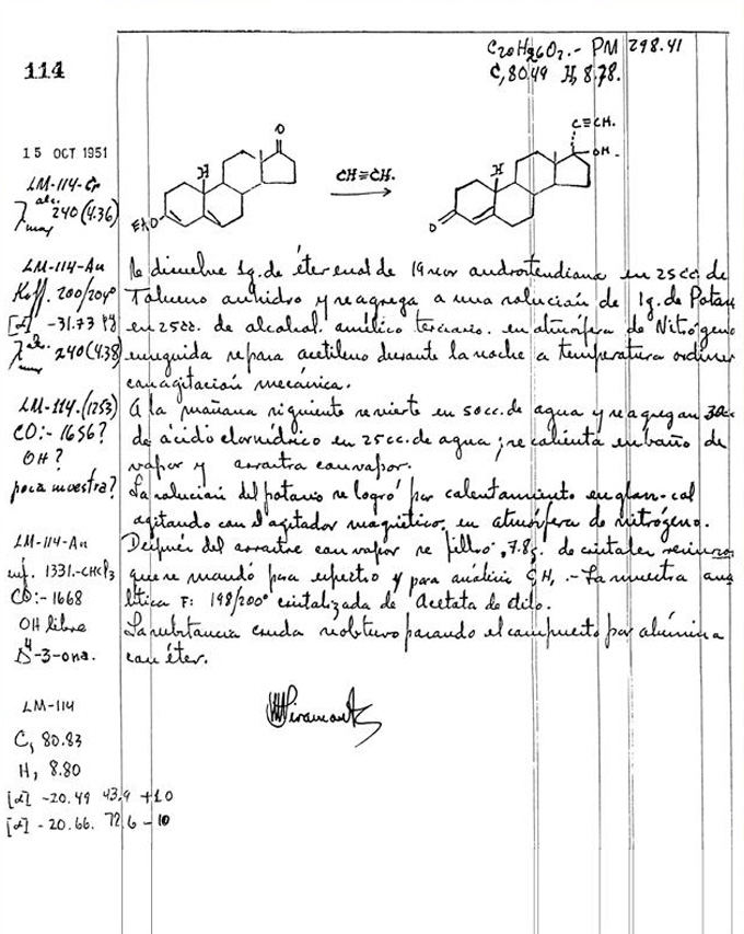 black and white image of a page from Luis Miramontes' lab notebook outlining synthesis steps